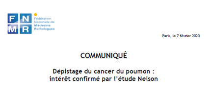 COMMUNIQUÉ FNMR – DÉPISTAGE DU CANCER DU POUMON : INTÉRÊT CONFIRMÉ PAR L’ÉTUDE NELSON